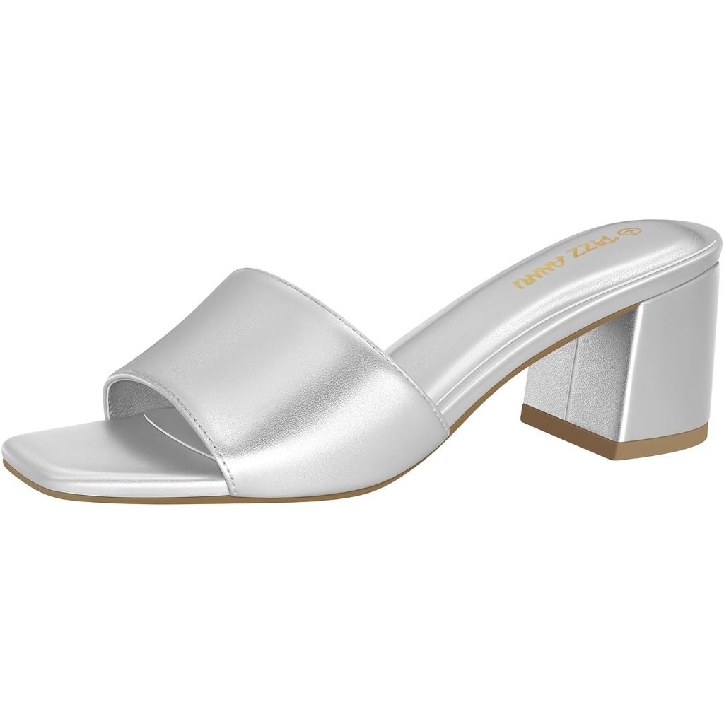Women's Silver Pu Square Open Toe Heels Sandals Low Block Chunky Heeled Sandal